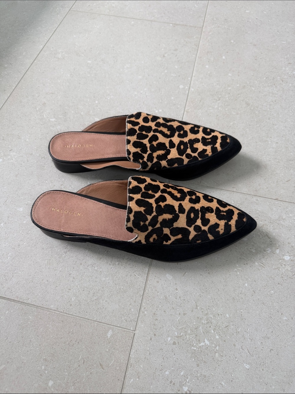 Halogen Corbin Leopard-Print Pointed Mule in Black and Tan